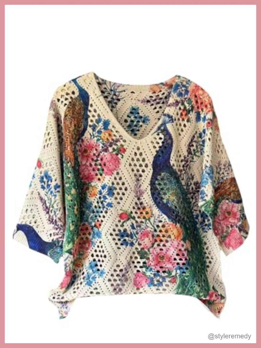 Crochet Beach Summer Sweater 3/4 Sleeve Boho Oversized V-Neck Pullover